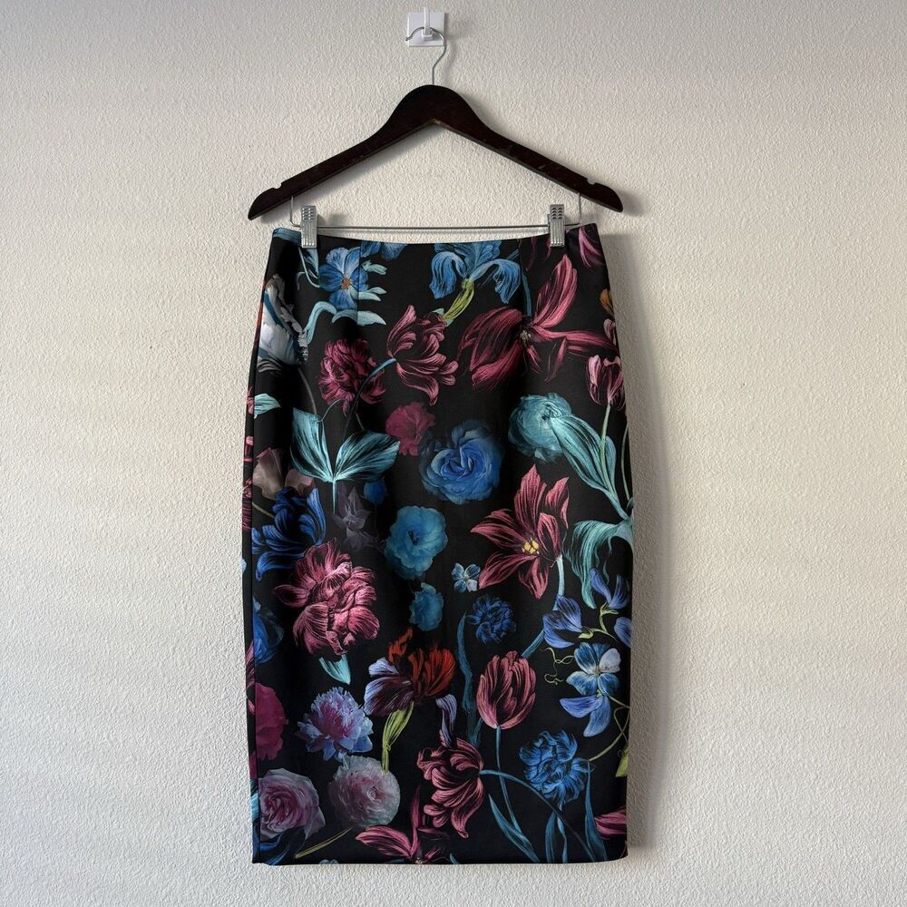 Ted Baker London Skirt Size 3 US 8 M Black Floral Straight Pencil Midi